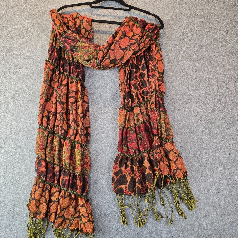 Long Scarf Women's Orange Brown Animal Print Woven Fringe Hem Lightweight Boho